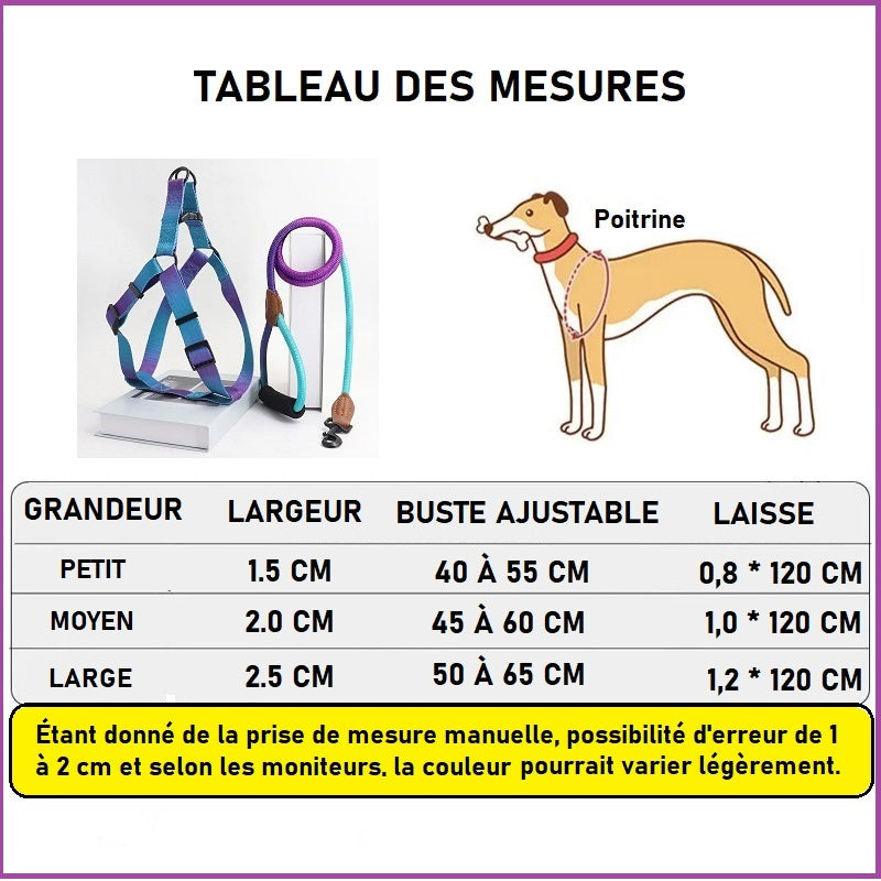 Chien harnais coloris mesures