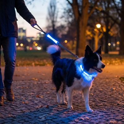 Collier chien lumineux Halo Border Collie en promenade avec le collier bleu