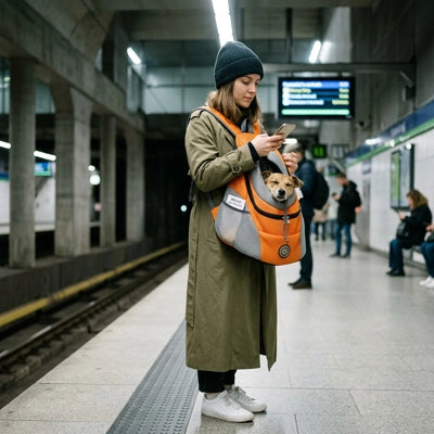 Sac à dos chien Fusion Maîtresse dans le métro avec son chien dans le sac orange