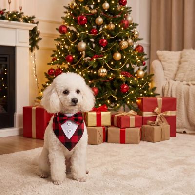 Bandana chien Toxedo Caniche blanc assis avec le plaid noir et rouge