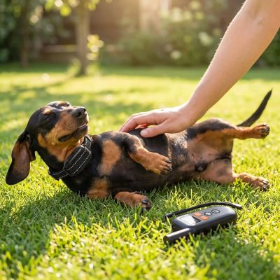 Chien collier dressage Correcto Teckel couche sur la pelouse