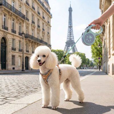 Chien laisse Padou Caniche blanc dans la rue a Paris