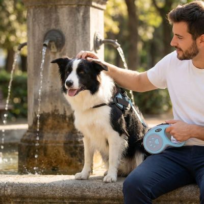 Chien laisse Padou border collie assis à la fontaine