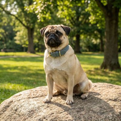 Collier à chien Bella un pug beige assis sur une roche avec collier bleu