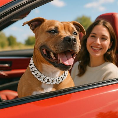 Collier chien Angkor Bouledogue Massif dans une voiture rouge avec le collier en argent
