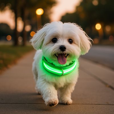 Collier chien Flash bichon avec collier vert marchant sur trottoir