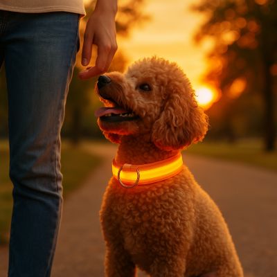 Collier chien Flash caniche brun avec collier orange coucher soleil