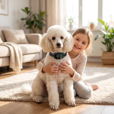 Collier chien de dressage Motus Caniche assis dans le salon