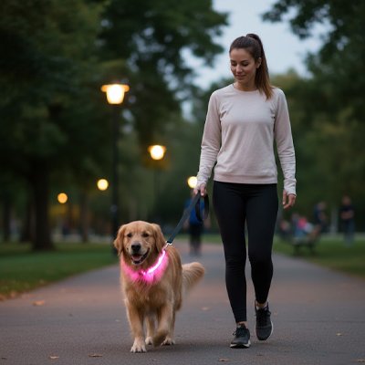 Collier chien lumineux Halo Labrador avec le collier rose en ballade avec  sa maîtresse  
