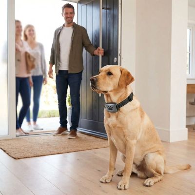 Collier de dressage chien Vocalis Labrador attendant son maître à la porte collier gris