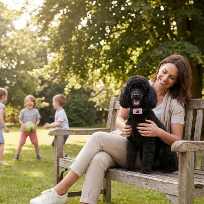 Collier de dressage chien Vocalis caniche noir assis au parc avec maîtresse collier rose