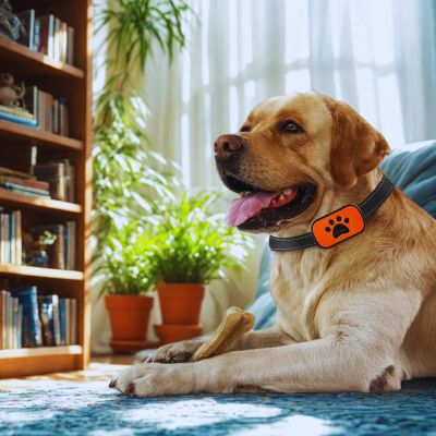 Collier de dressage pour chien PetQuiet Labrador couché dans le salon collier orange