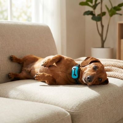 Collier de dressage pour chien PetQuiet Teckel couché sur le divan collier bleu