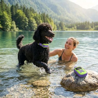 Collier dressage chien Pet Control Caniche noir se baignant avec sa maîtresse