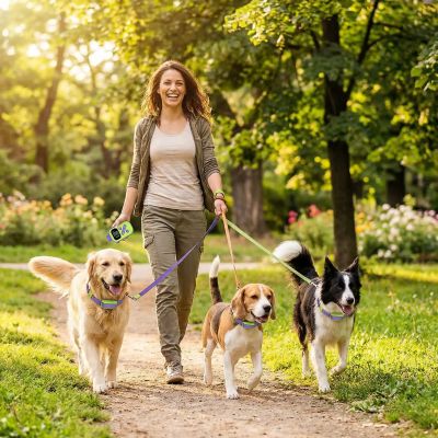 Collier dressage chien Pet Control Maîtresse promenant ses trois chiens avec la manette