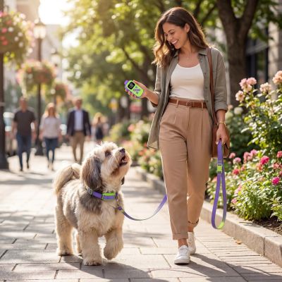 Collier dressage chien Pet Control Shih Tzu marchant avec sa maîtresse