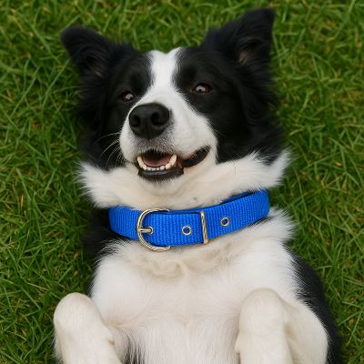 Collier pour chien Azis Border Coller couché avec le collier bleu