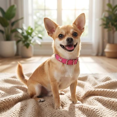 Collier pour chien Osso Chihuahua assis sur le lit de son maître avec le collier rose