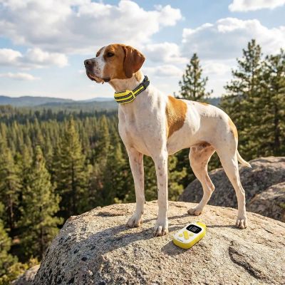 Collier pour chien de dressage Barkstop Pointer anglais sur un rocher regardant au loin collier jaune