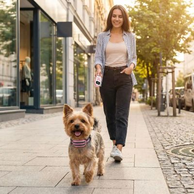 Collier pour chien de dressage Barkstop Yorkshire se promenant avec sa maîtresse sur le trottoir collier rose