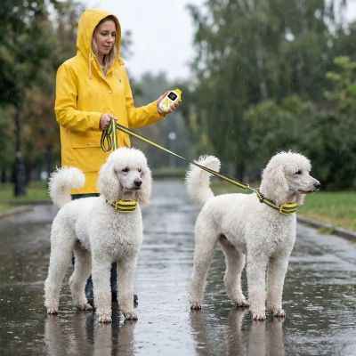 Collier pour chien de dressage Barkstop deux caniches marchant sous une petite pluie avec la maîtresse collier jaune