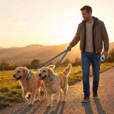 Collier pour chien de dressage Barkstop deux labradors en balade avec leur maître sur la route collier bleu