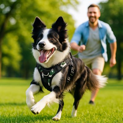 Harnais anti-traction chien Dorsalo Border Collie courant avec le harnais style militaire