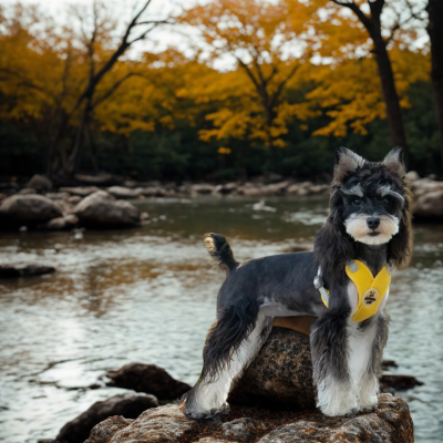 Harnais pour chien Xénax Chinois à crête debout avec le harnais jaune au bord de la rivière