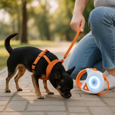 Laisse chien Roulain Chihuahua reniflant le trottoir à côté de son maître avec la laisse orange