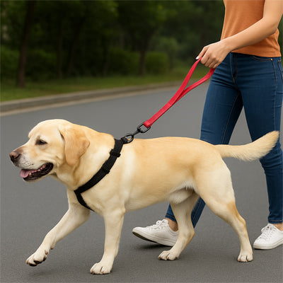 Laisse chien Shorty Labrador blond avec la laisse rouge marchant avec sa maîtresse dans la rue
