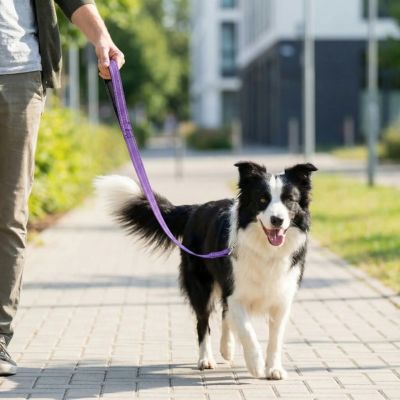 Laisse de chien Paro Border Collie marchant avec la laisse mauve