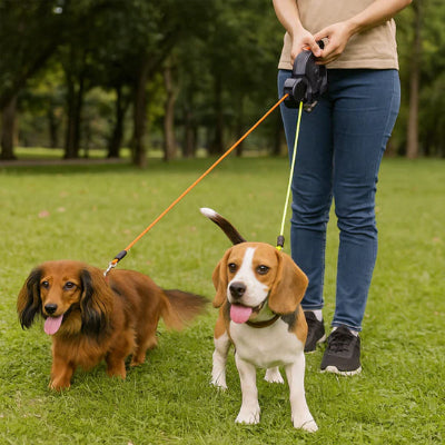 Laisse double pour chien Twin Teckel et Beagle dans un parc avec maîtresse modèle noir