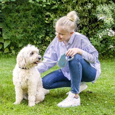 Laisse pour chien Enrouleur Caniche assis à côté de sa maîtresse avec la laisse bleue
