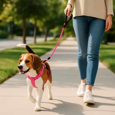 Laisse pour chien Spirilou  Beagle en promenade avec sa maîtresse portant la laisse rose 