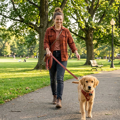 Longe chien Fila Femme avec longe rouge promenant son chien