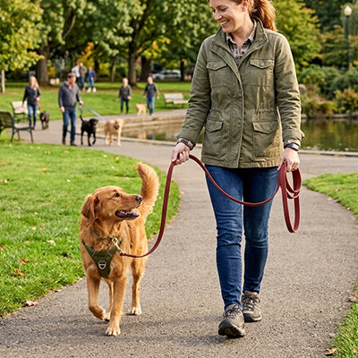Longe chien Fila Labrador blond se promenant avec sa maîtresse au parc longe rouge