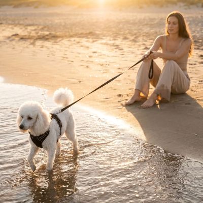 Longe chien Liberty Caniche blanc a la plage longe noir