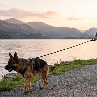Longe pour chien Viva Berger Allemand marchant sur un sentier près du lac longe brune