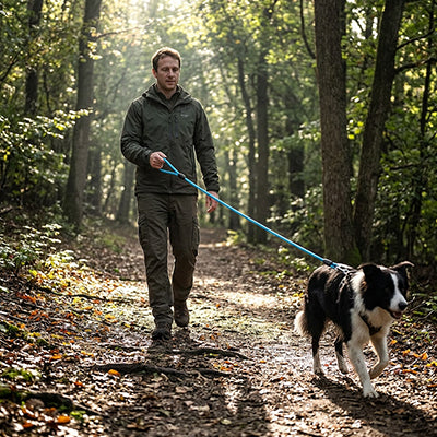 Longe pour chien Viva Border collie marchant dans forêts avec son maître longe bleu
