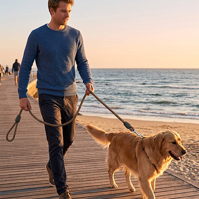 Longe pour chien Viva Labrador blond marchant sur le quai au bord de mer longe brune