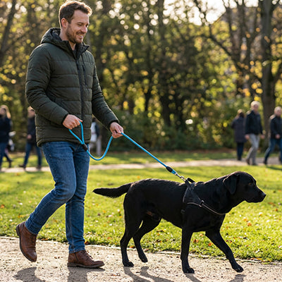 Longe pour chien Viva Labrador brun se promenant avec son maître longe bleu