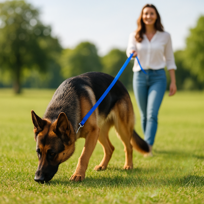 Longe pour chien Duramaster Berger Allemand avec la longe bleue reniflant le sol