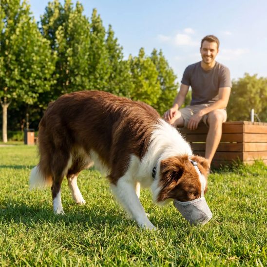 Muselière chien Net Pet Border Collie reniflant la pelouse avec la muselière grise dans un parc
