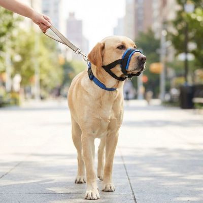 Muselière chien Shelly balade avec labrador au parc avec son maître