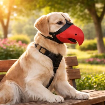 Muselière petit chien Béco Labrador assis sur un banc dans un parc