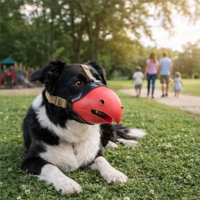 Muselière petit chien Béco border collie coucher avec la muselière rouge