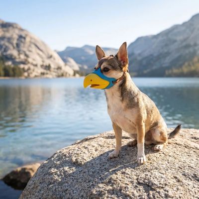 Muselière petit chien Béco chihuahua assis sur une roche près du lac avec muselière jaune