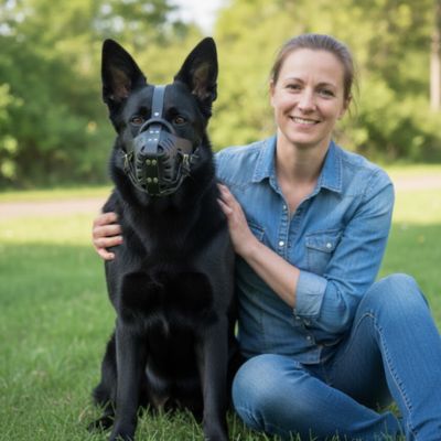 Muselière pour chien Armor Maîtresse assise avec son Berger Allemand noir