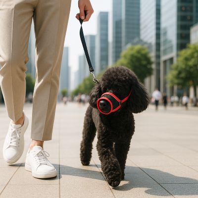 Muselière pour chien Muzzle Caniche  noir se balade avec la muselière rouge en ville