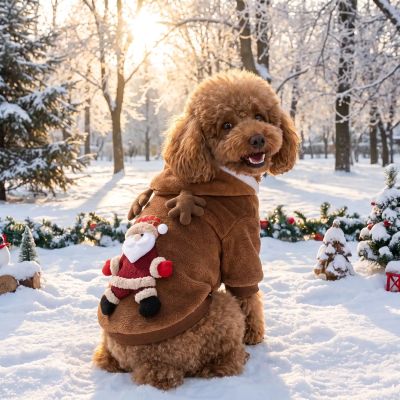 Pull pour chien Brunny Caniche brun asis dehors avec le pull Santa Claus